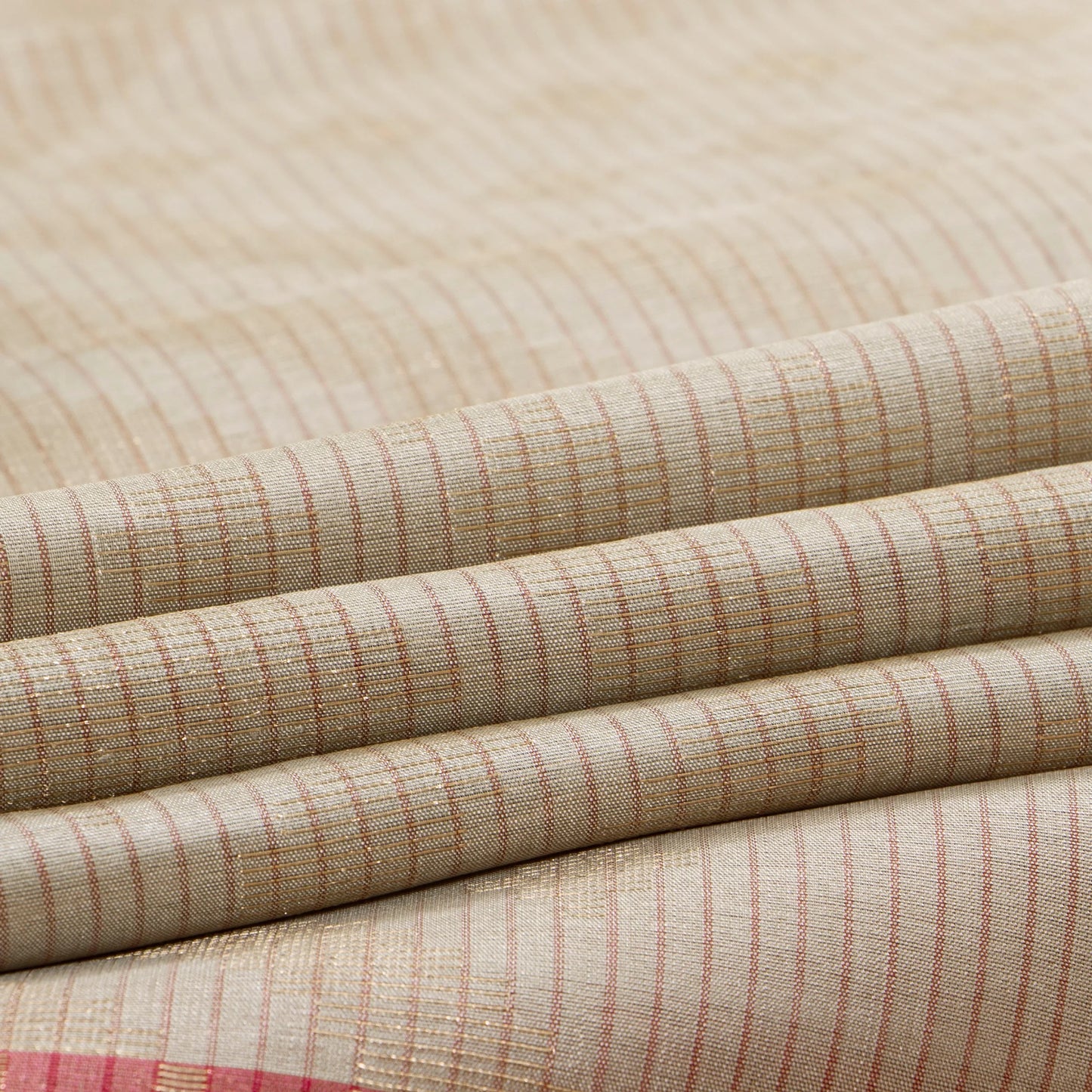 Beige And Red Borderless Handwoven Soft Silk Saree With Gold Zari For Festive Wear PV RSP 184
