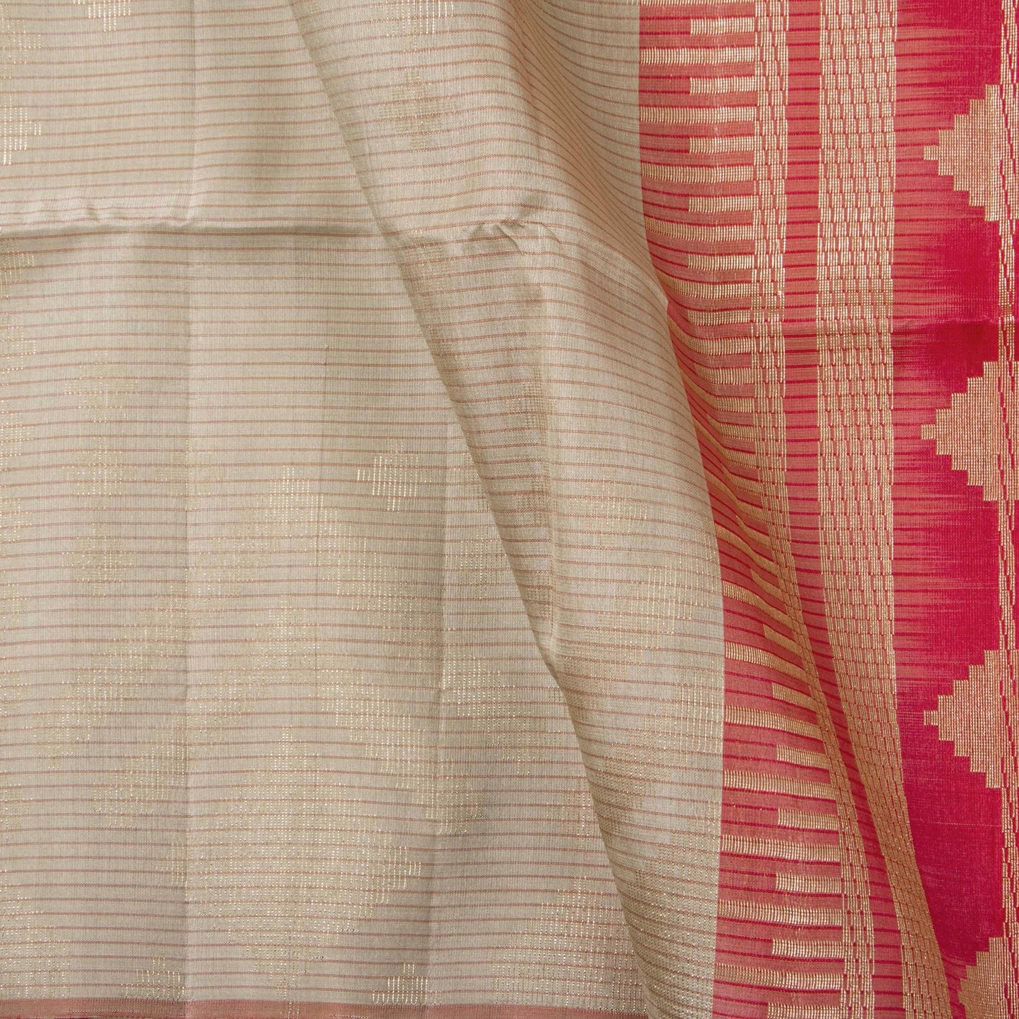 Beige And Red Borderless Handwoven Soft Silk Saree With Gold Zari For Festive Wear PV RSP 184