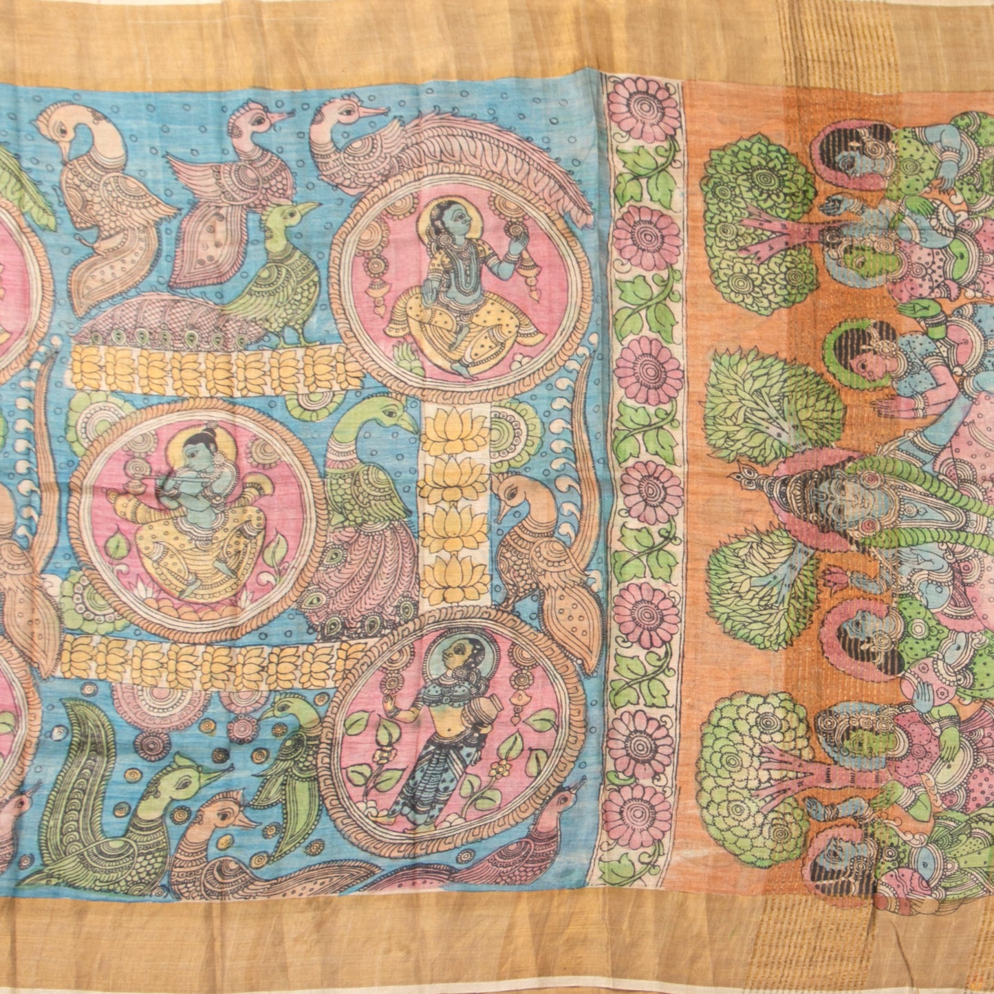 Blue Handpainted Kalamkari Tussare Silk Saree With Zari Border PTK VSR 129