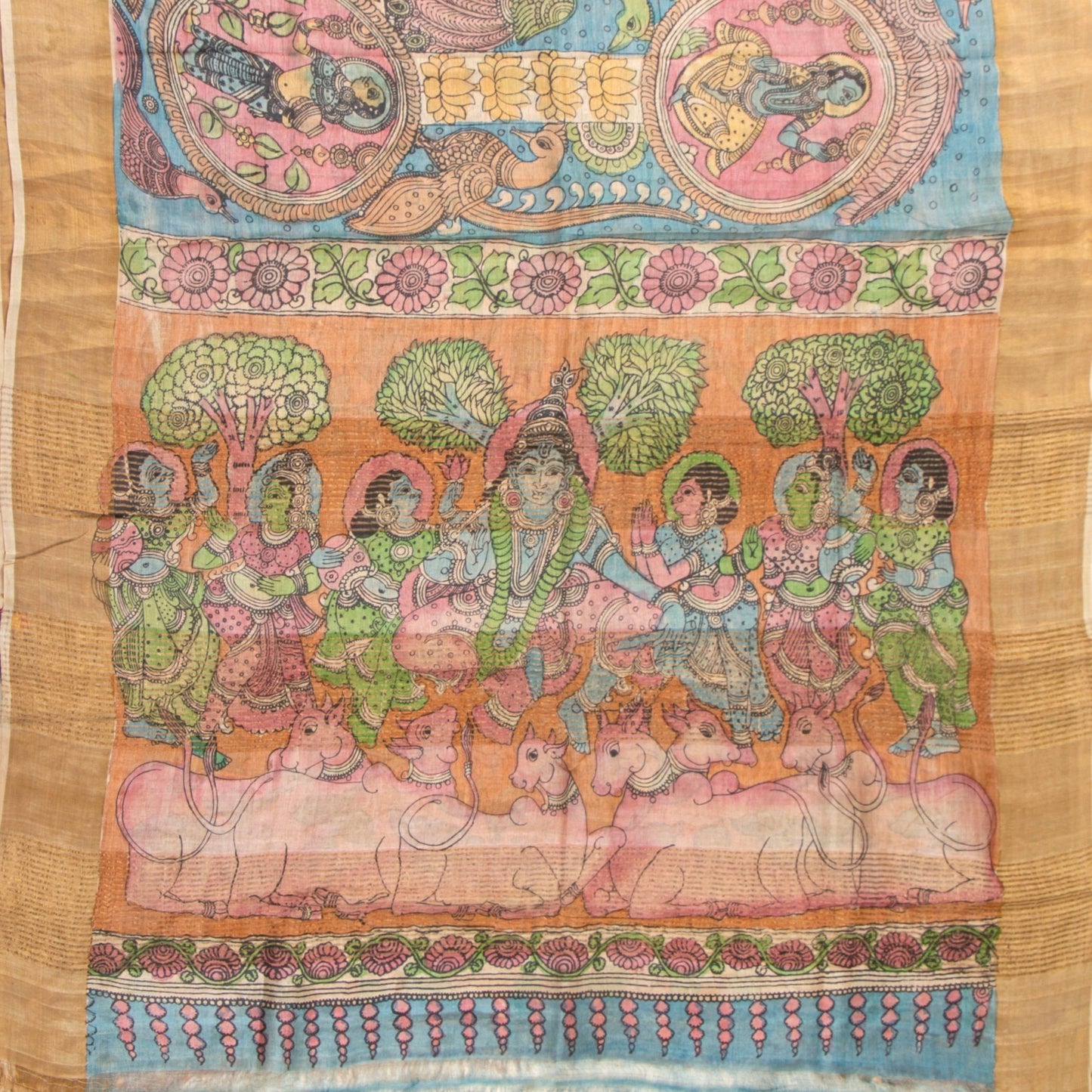 Blue Handpainted Kalamkari Tussare Silk Saree With Zari Border PTK VSR 129