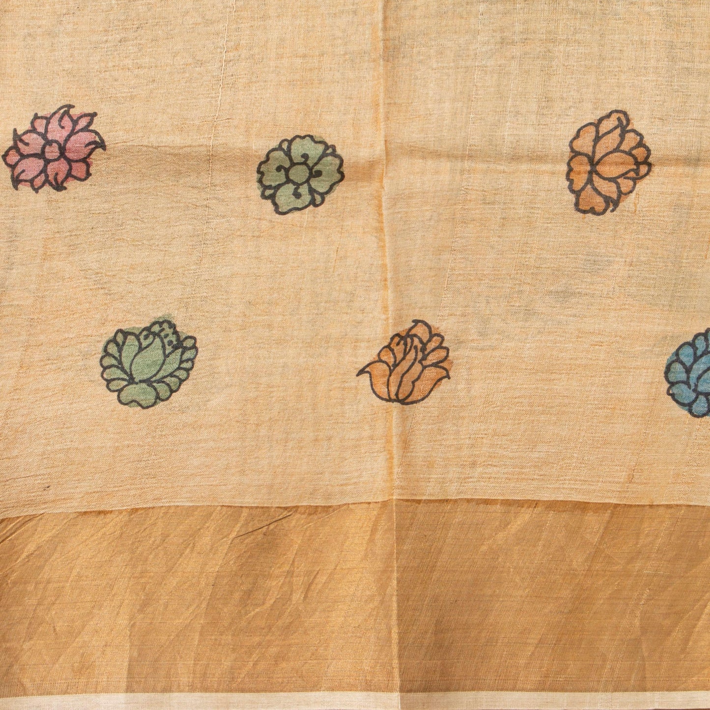 Orange Handpainted Kalamkari Tussare Silk Saree With Zari Border PTK VSR 131 - Kalamkari Silk - Panjavarnam PTK VSR 131