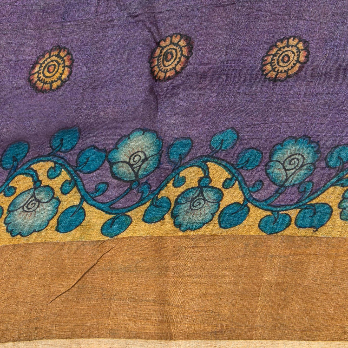 Beige Handpainted Kalamkari Tussar Silk Saree With Zari Border PTK VSR 133 - Kalamkari Silk - Panjavarnam PTK VSR 133