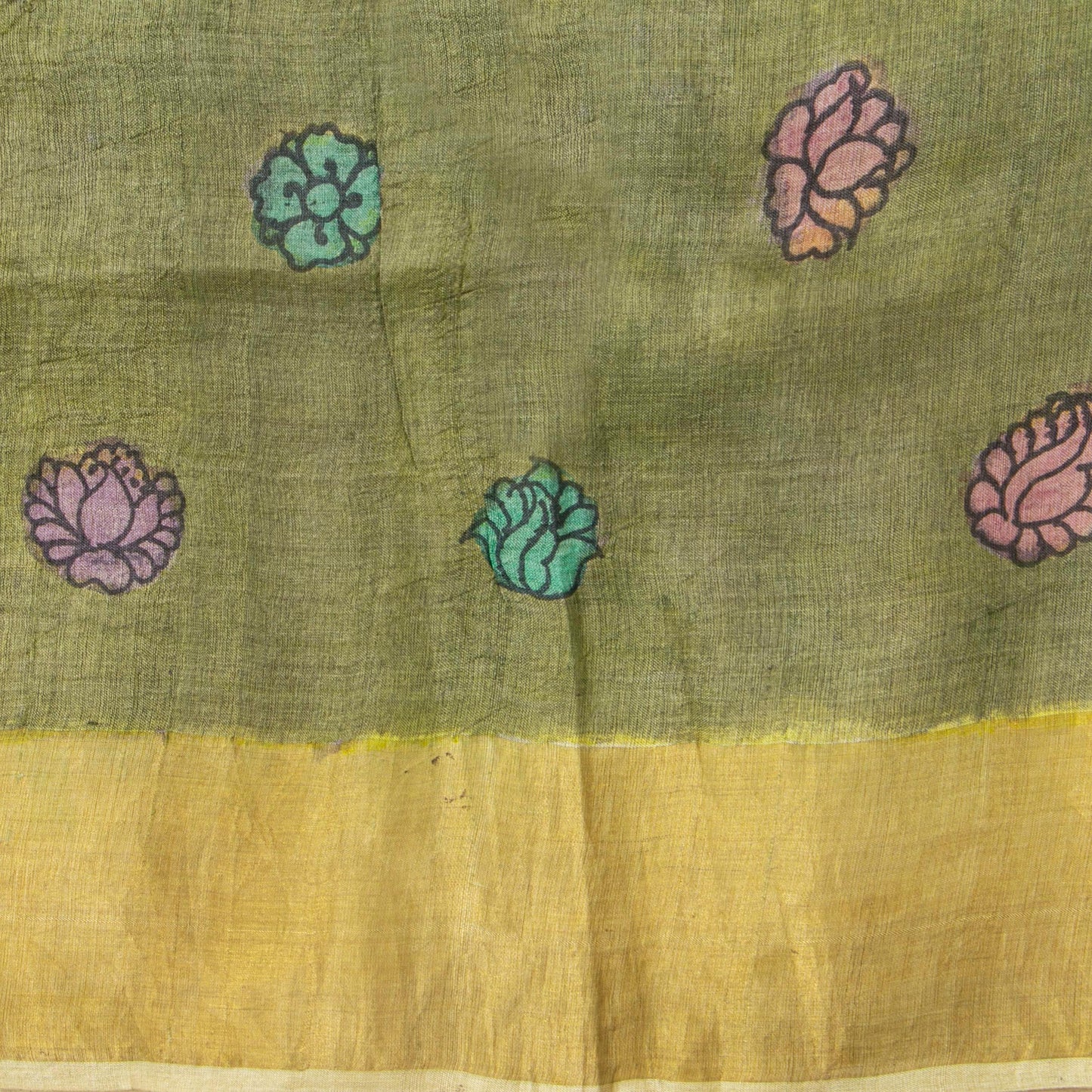 Green Handpainted Kalamkari Tussare Silk Saree With Zari Border PTK VSR 135 - Kalamkari Silk - Panjavarnam PTK VSR 135