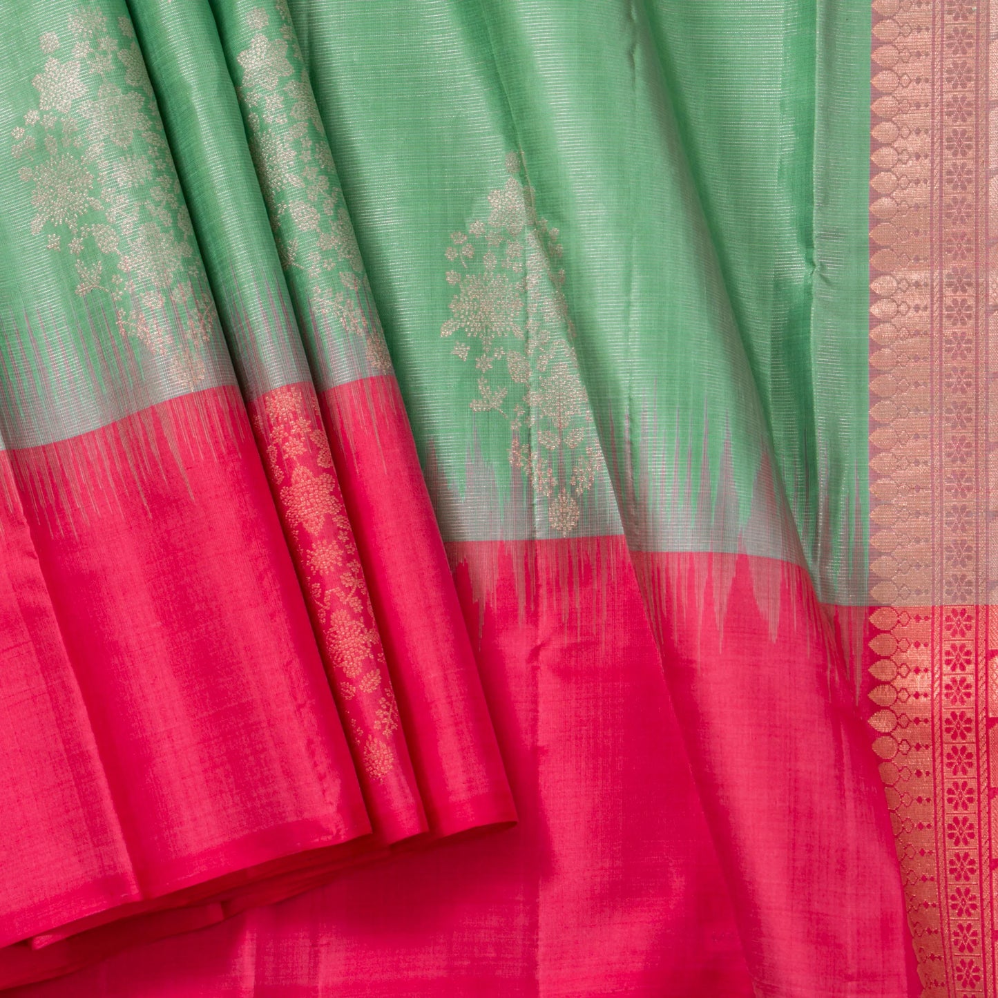 Pastel Green And Pink Handwoven Soft Silk Saree With Antique Gold Zari For Festive Wear PV RSP 207
