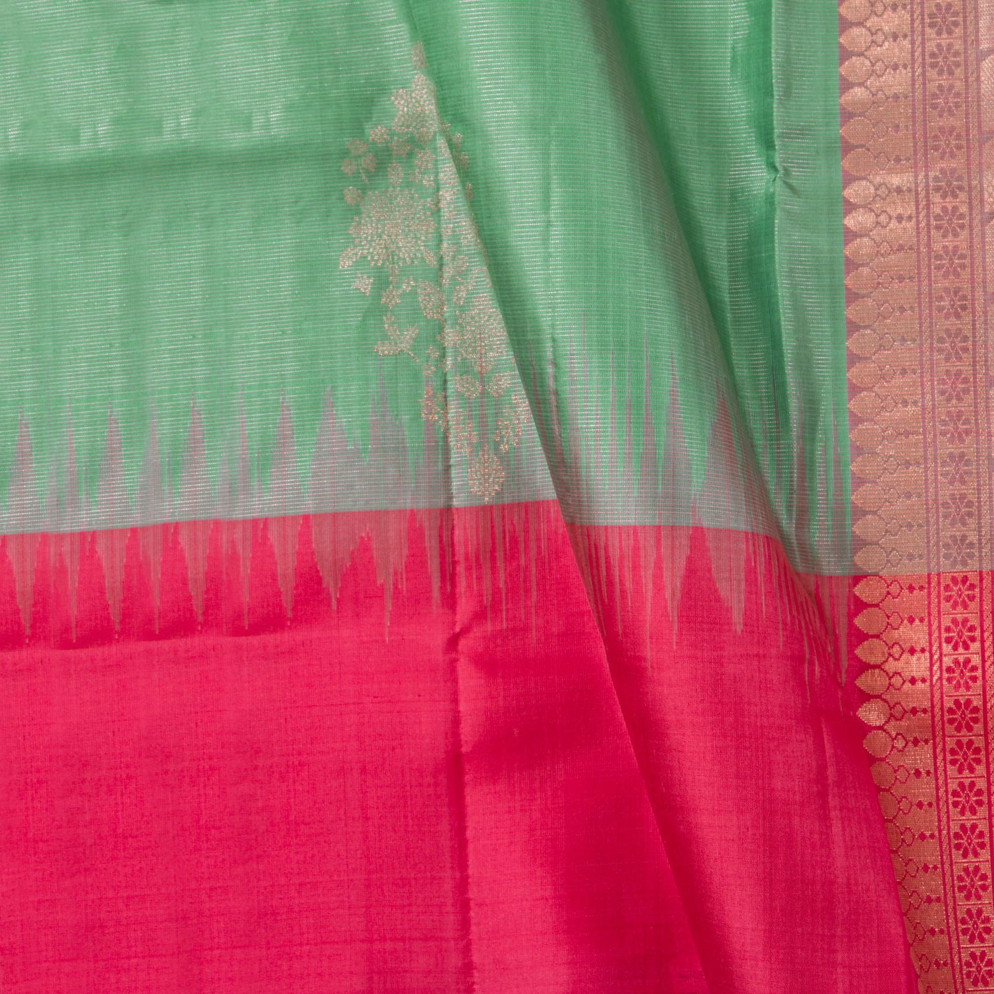 Pastel Green And Pink Handwoven Soft Silk Saree With Antique Gold Zari For Festive Wear PV RSP 207