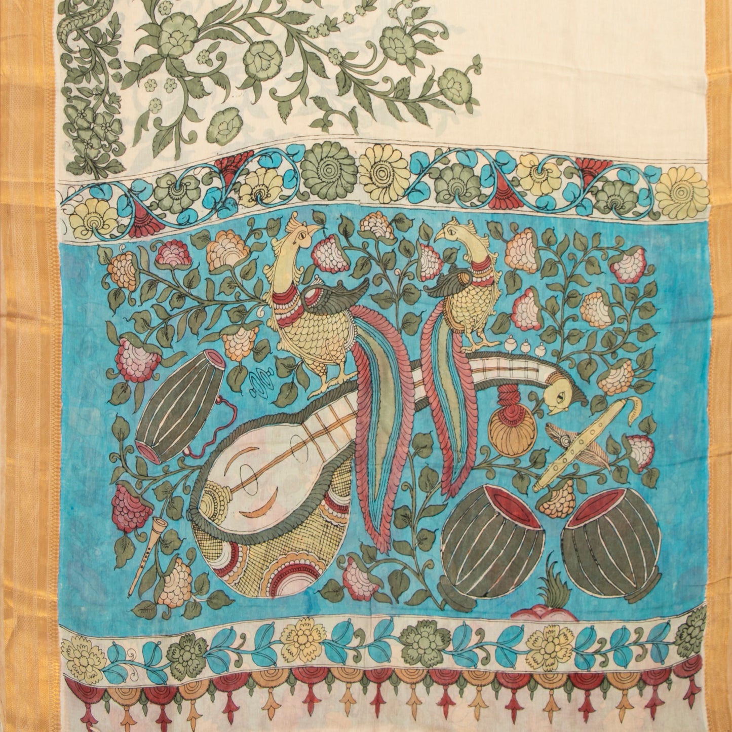Off White And Blue Handpainted Kalamkari Bangalore Silk Saree With Zari Border For Festive Wear KBS VSR 113
