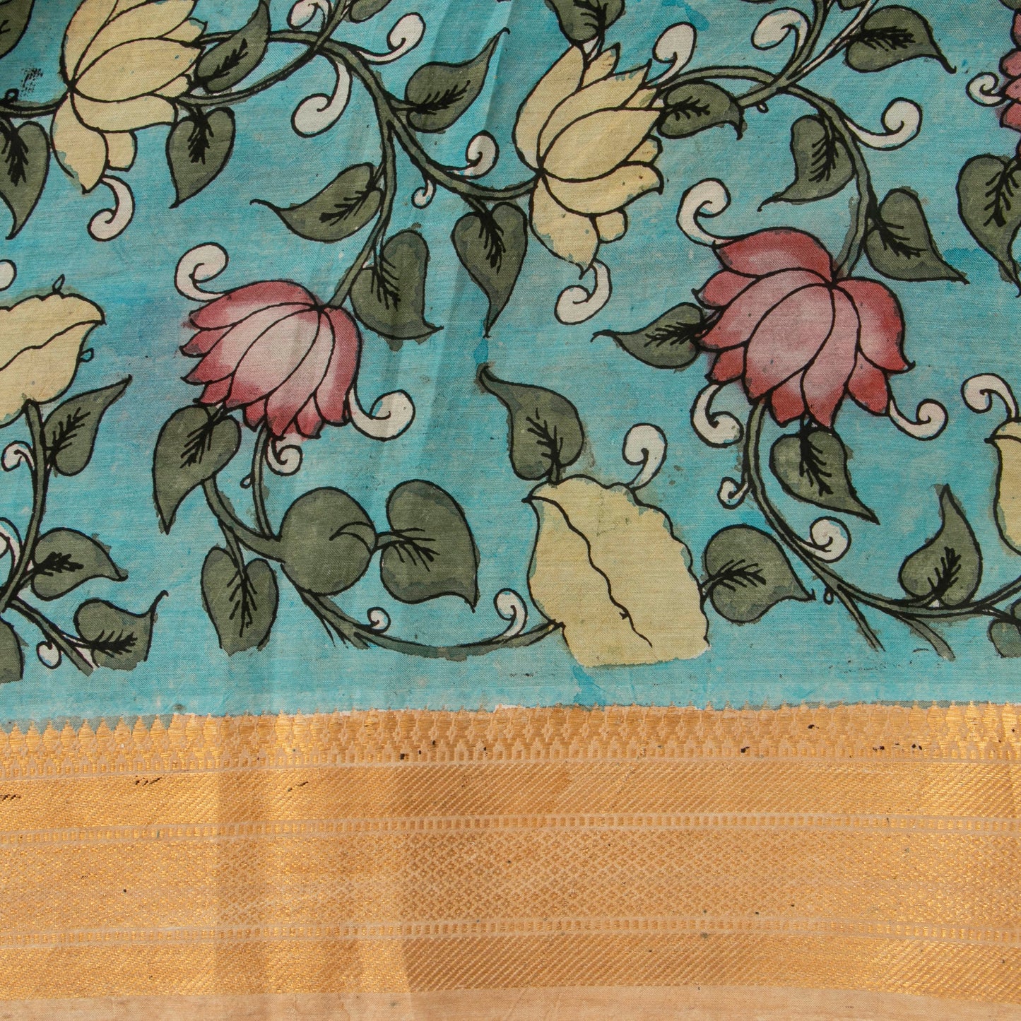 Off White And Blue Handpainted Kalamkari Bangalore Silk Saree With Zari Border For Festive Wear KBS VSR 113