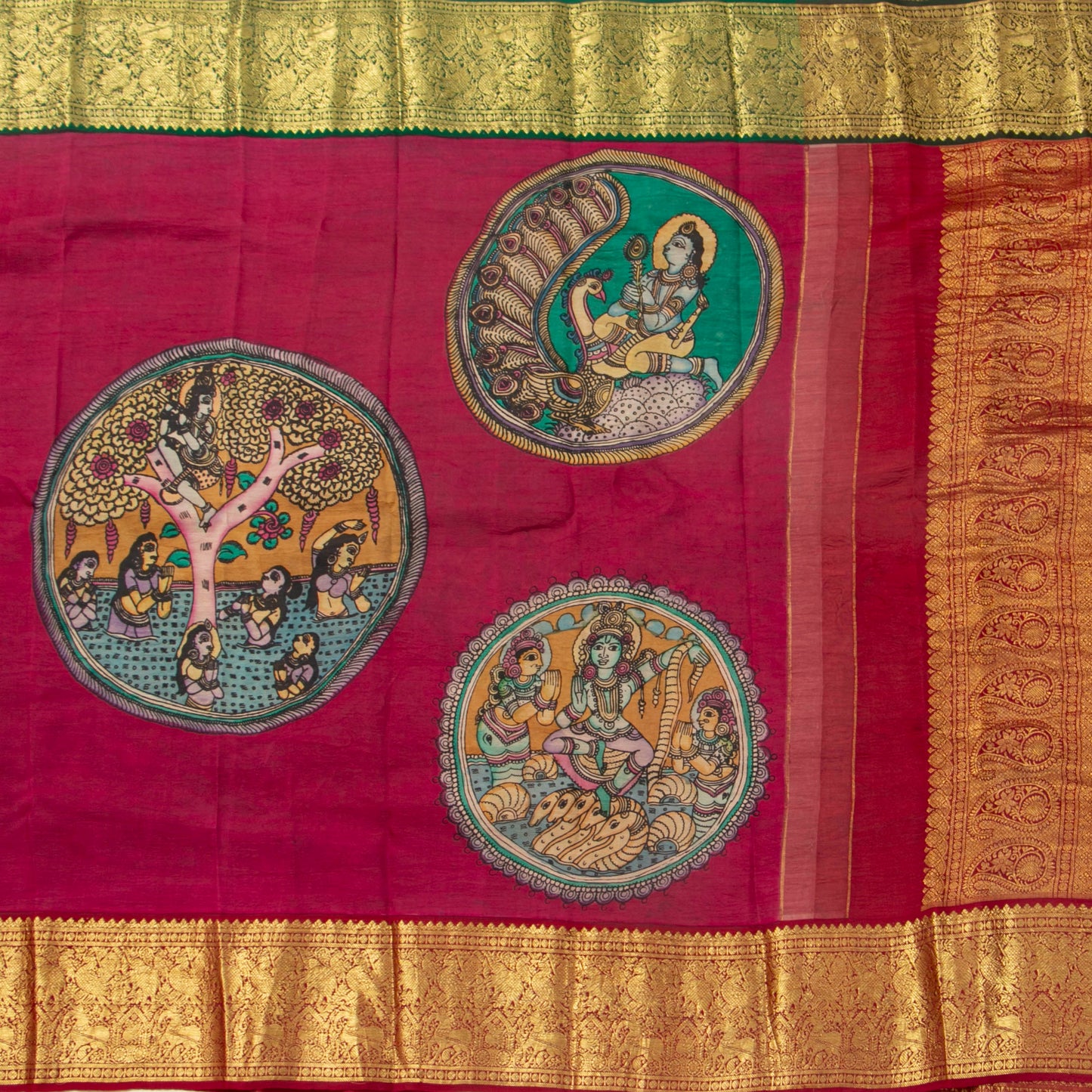 Red Handpainted Kalamkari Kanchipuram Silk Saree With Krishna Leela Theme And Ganga Jamuna Border For Festive Wear VSR KK 107