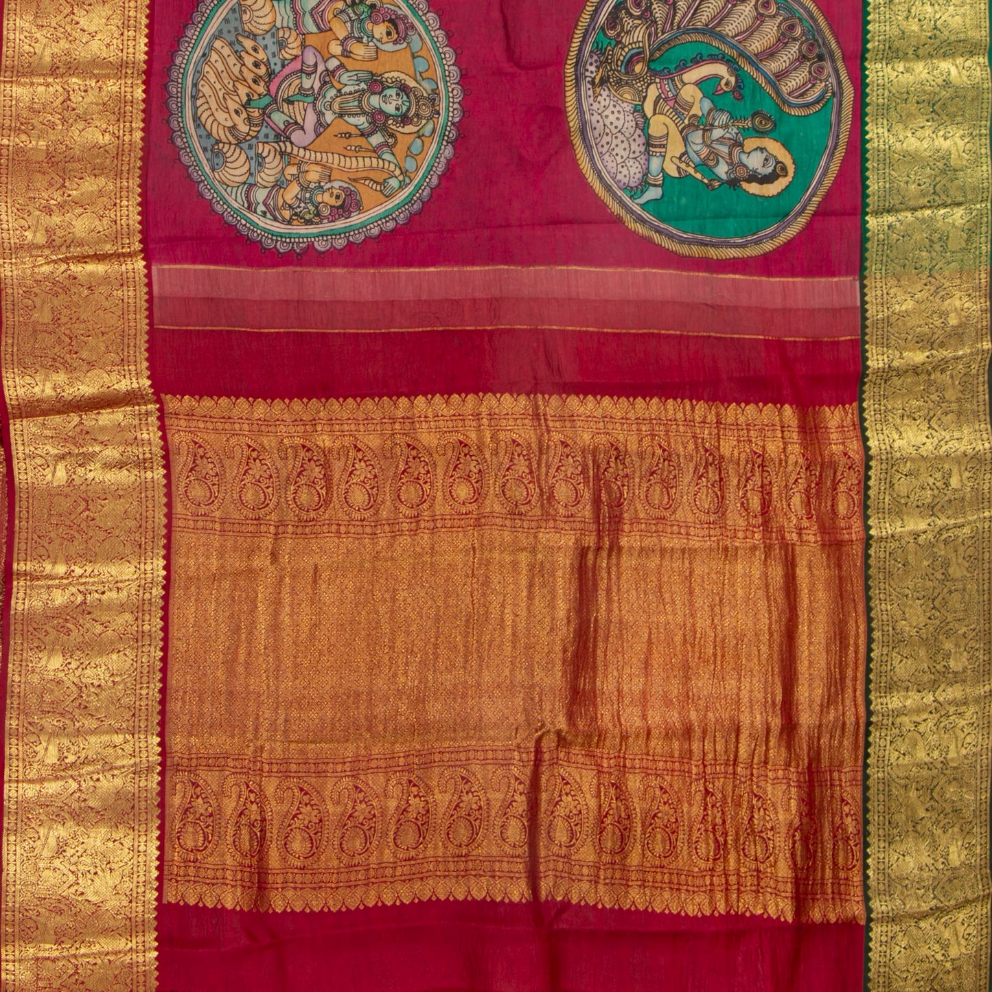 Red Handpainted Kalamkari Kanchipuram Silk Saree With Krishna Leela Theme And Ganga Jamuna Border For Festive Wear VSR KK 107