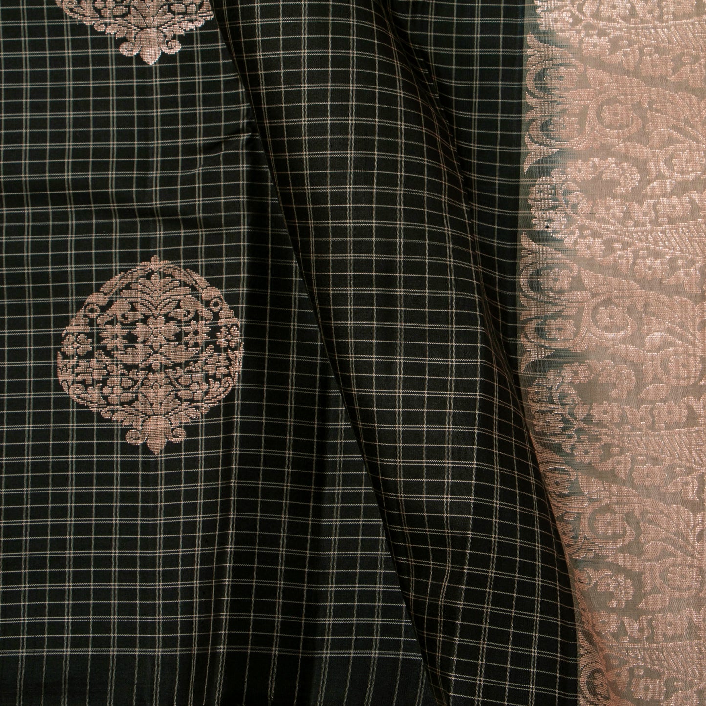 Black And Grey Borderless Kanchipuram Soft Silk Saree For Festive Wear PV RSP 222