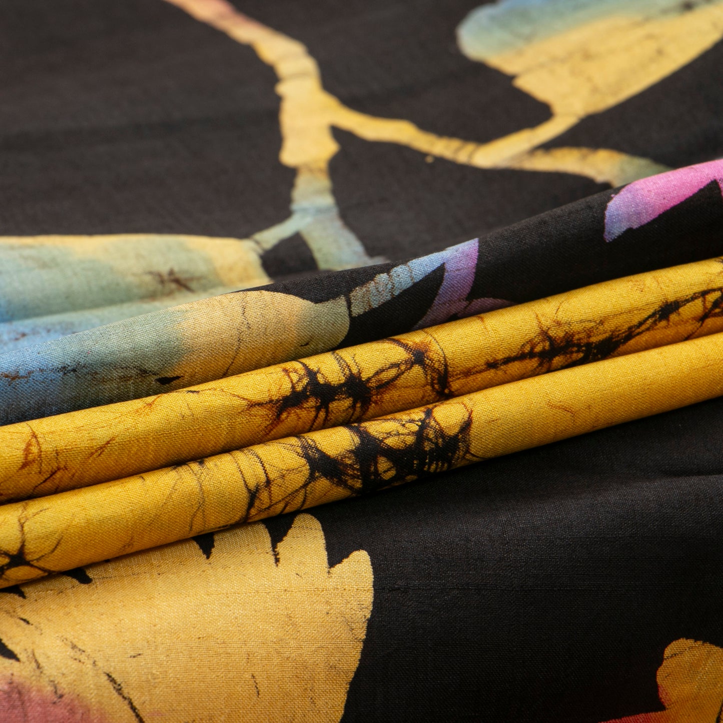 Yellow Ochre And Black Batik Silk Saree For Office Wear PB 347