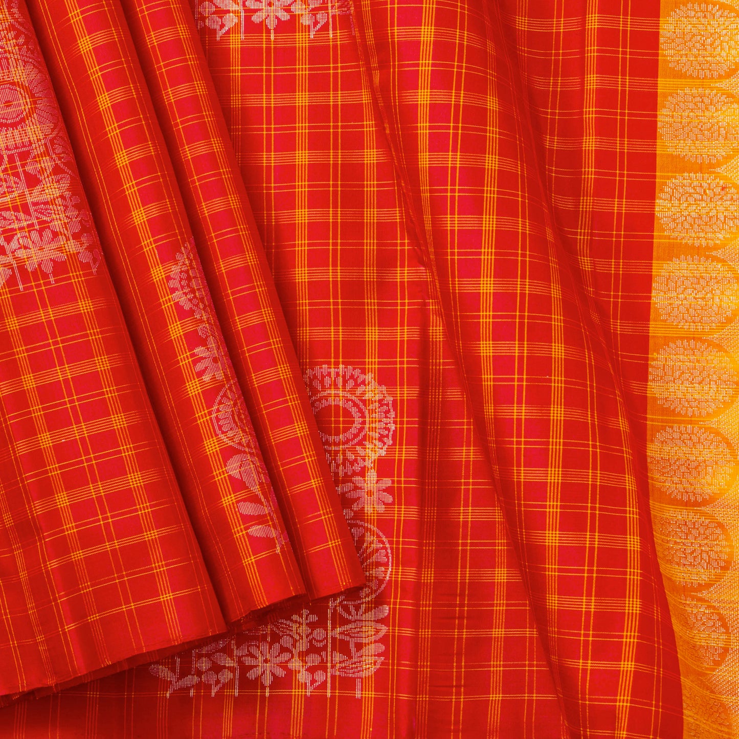 Red And Yellow Borderless Kanchipuram Soft Silk Saree For Festive Wear PV RSP 224