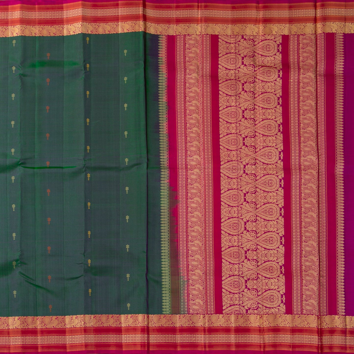 Green And Pink Kanchipuram Silk Saree No Zari For Festive Wear PV RSP 150