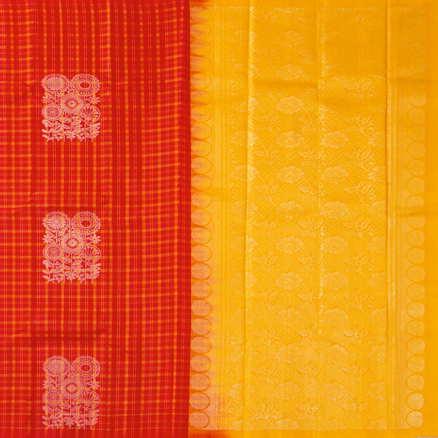 Red And Yellow Borderless Kanchipuram Soft Silk Saree For Festive Wear PV RSP 224