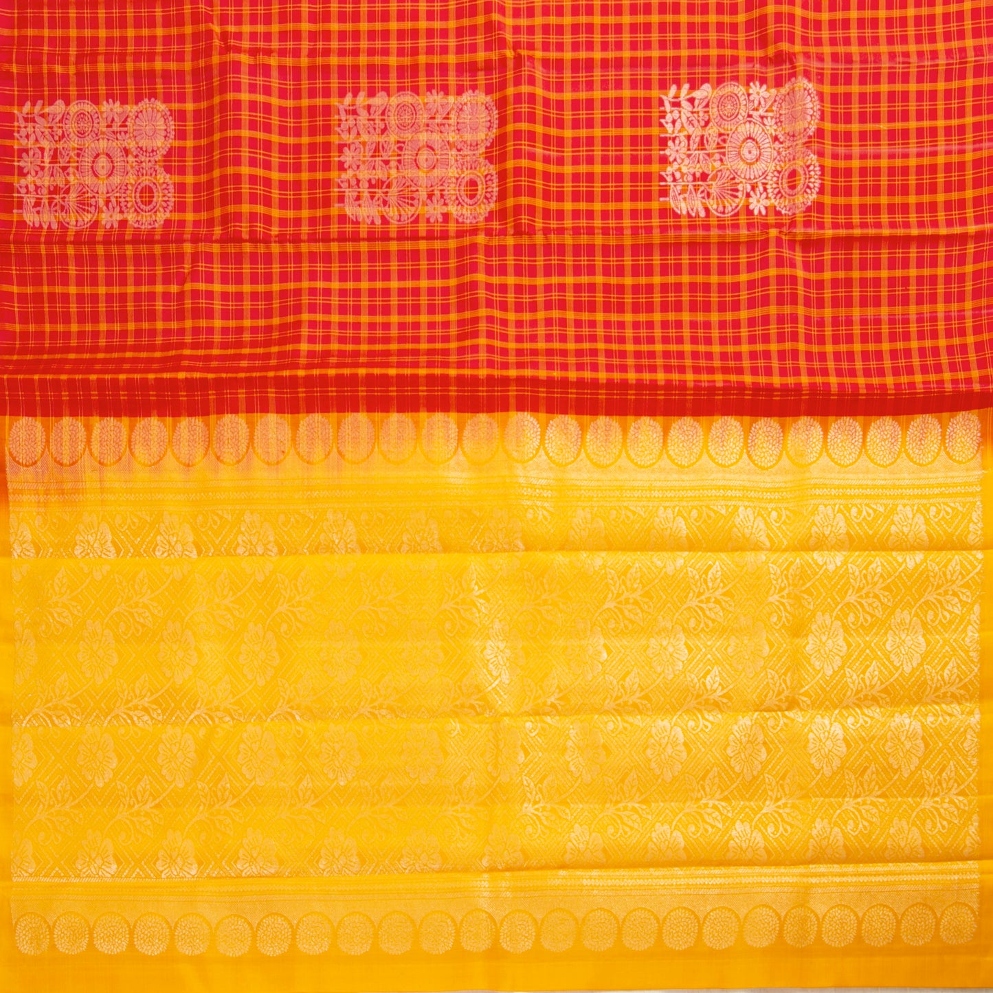 Red And Yellow Borderless Kanchipuram Soft Silk Saree For Festive Wear PV RSP 224