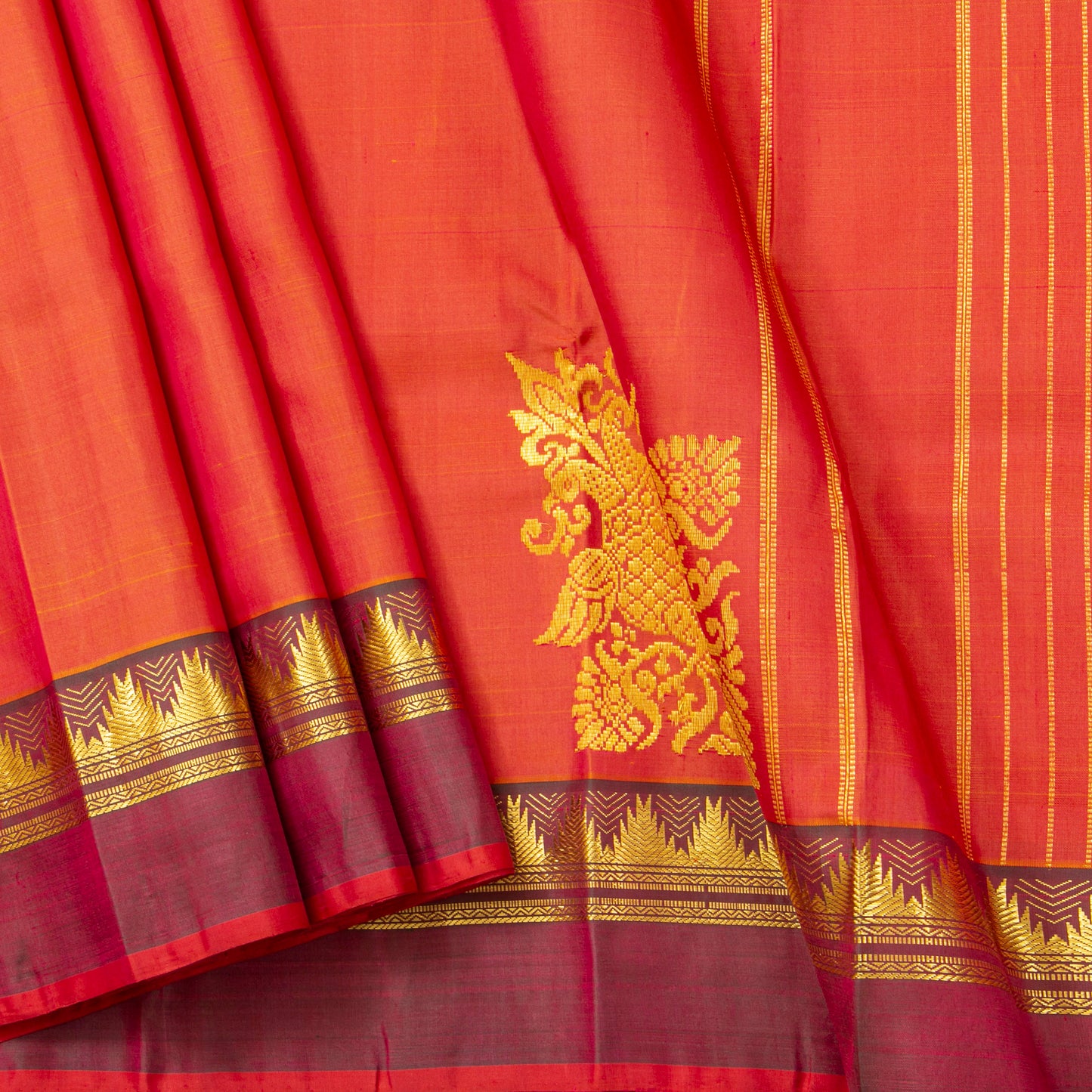 Orange Kanchipuram Silk Saree With Corner Ganda Berunda Motif For Festive Wear PV ABI 453
