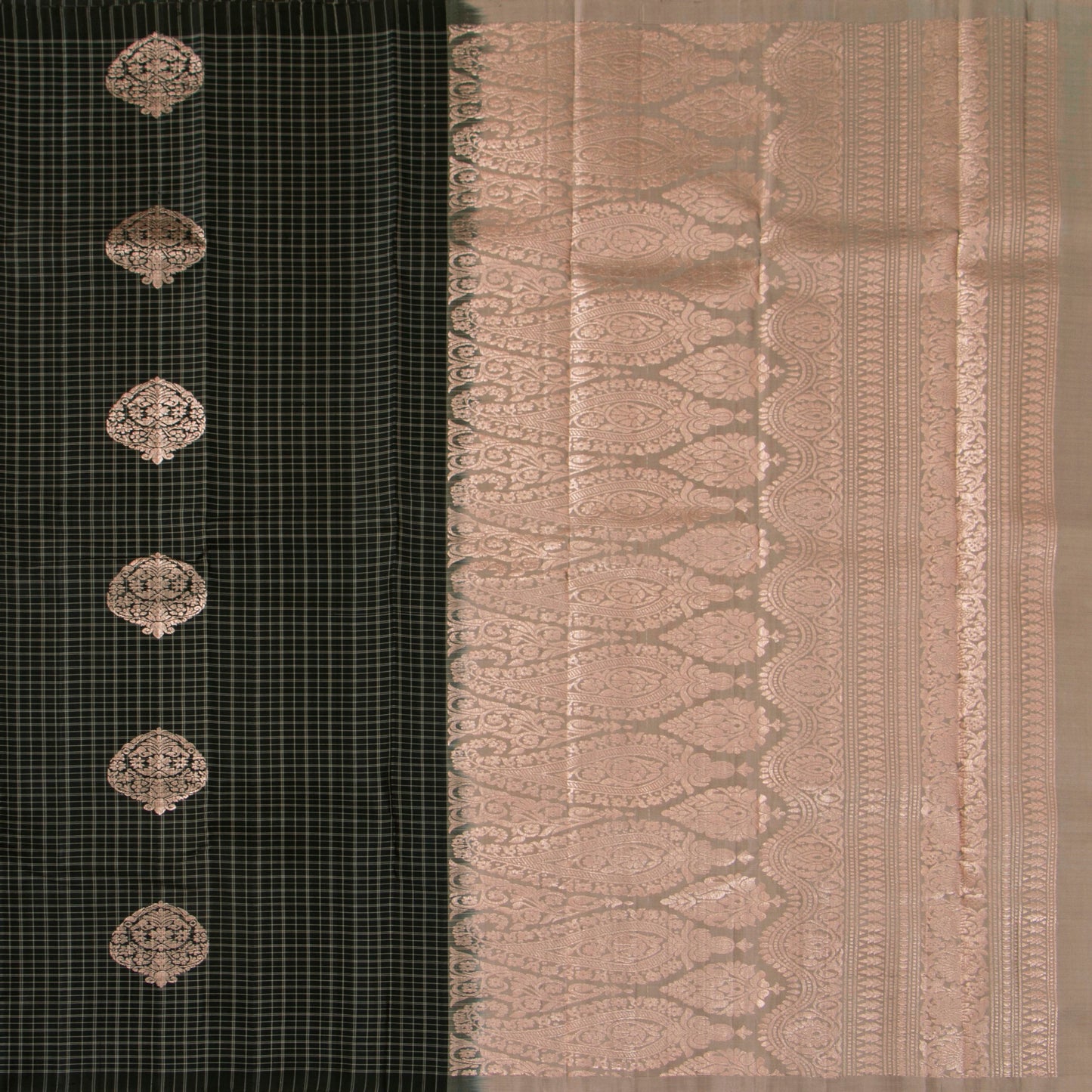Black And Grey Borderless Kanchipuram Soft Silk Saree For Festive Wear PV RSP 222
