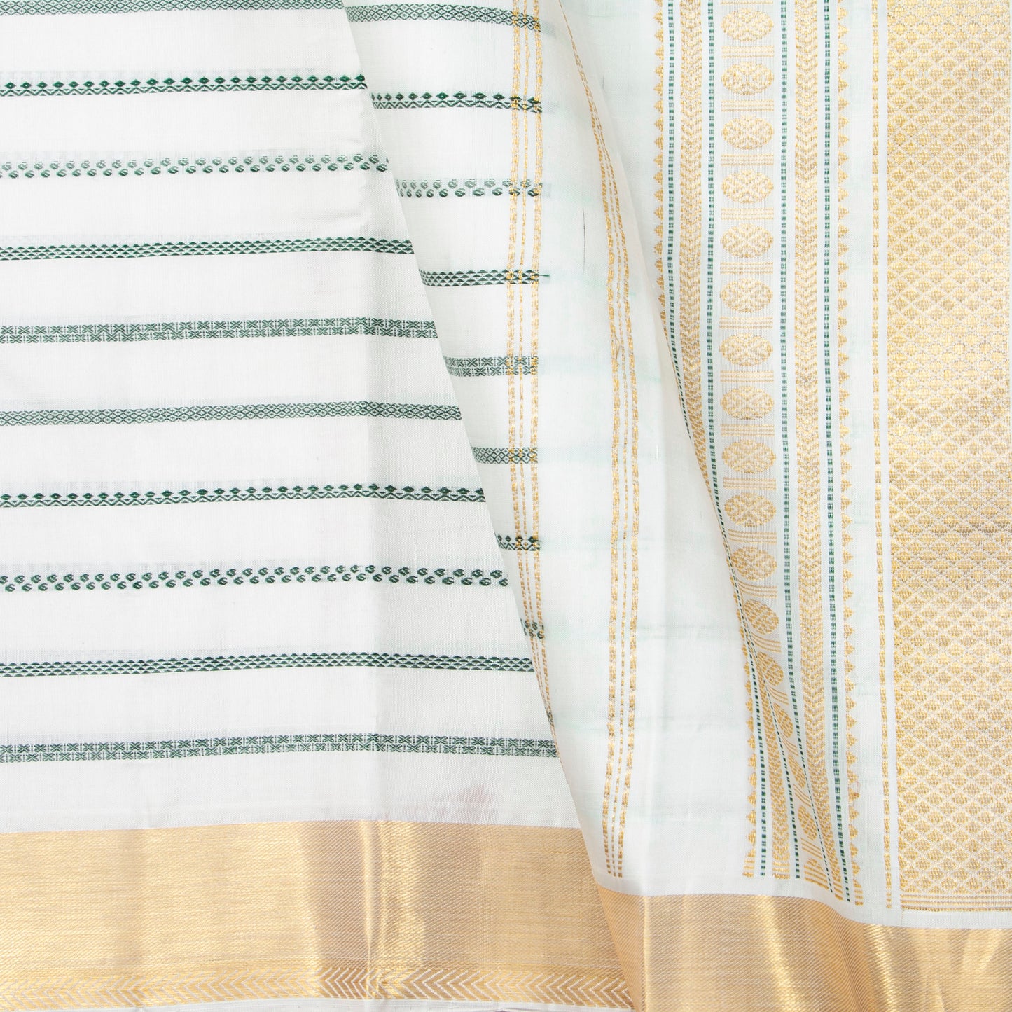 White Kanchipuram Silk Saree With Veldhari Stripes For Office Wear PV ABI 50991