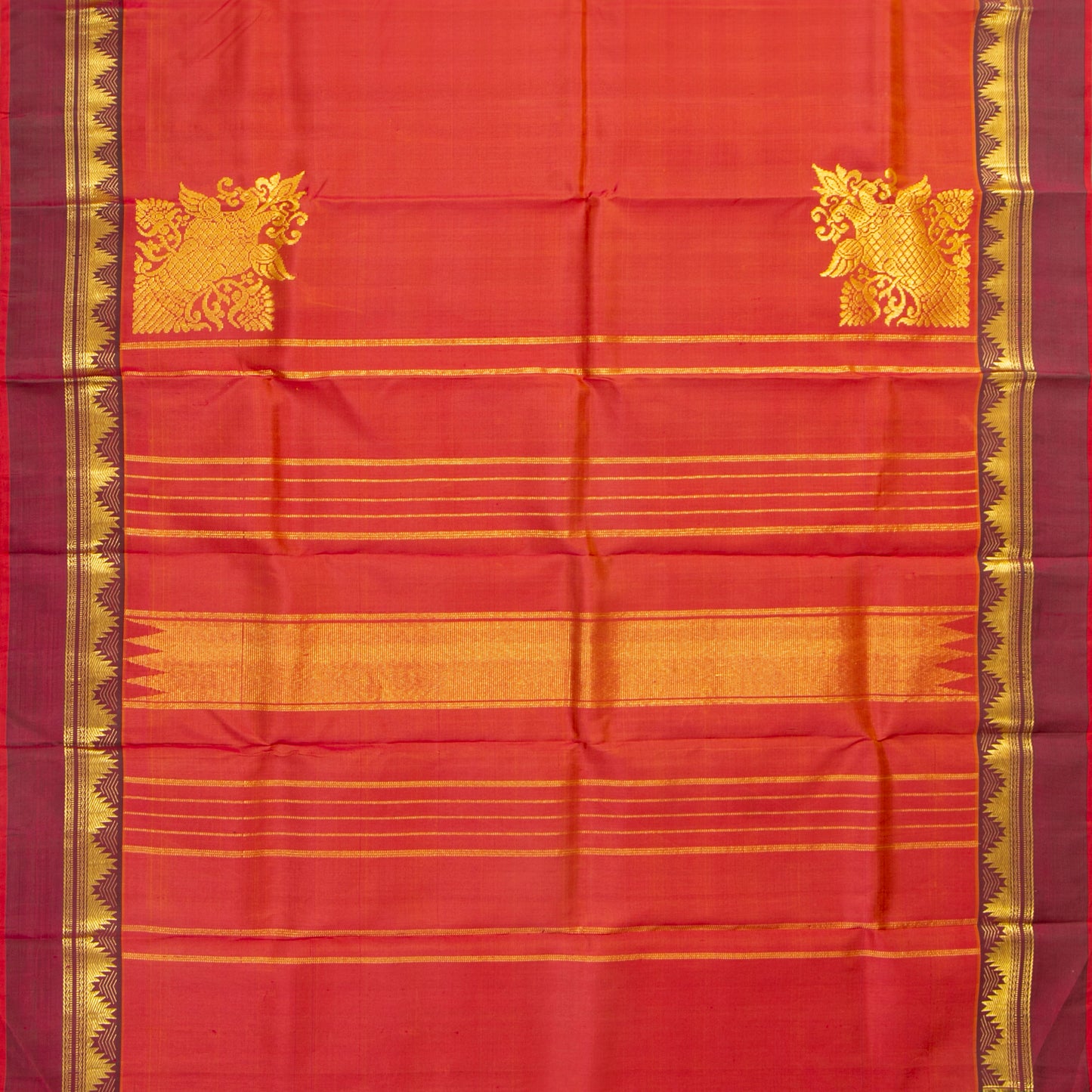Orange Kanchipuram Silk Saree With Corner Ganda Berunda Motif For Festive Wear PV ABI 453