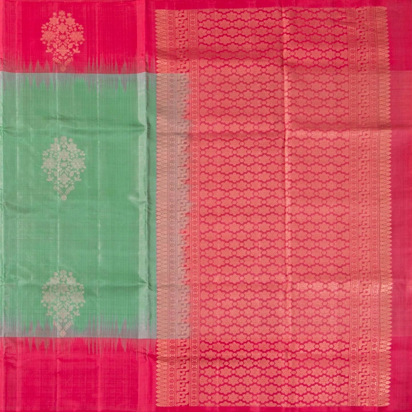 Pastel Green And Pink Handwoven Soft Silk Saree With Antique Gold Zari For Festive Wear PV RSP 207