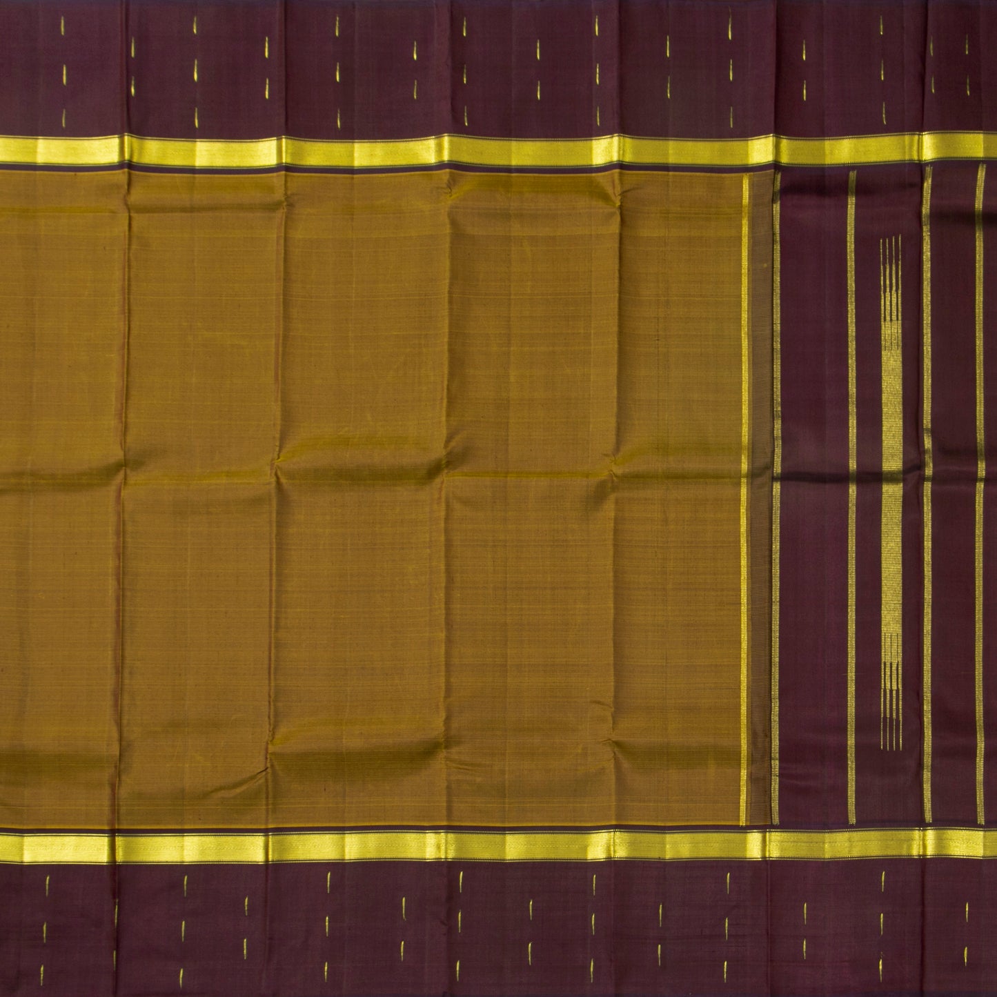 Mustard And Brown Kanchipuram Silk Saree With Malli Moggu Motifs For Festive Wear PV ABI 41875