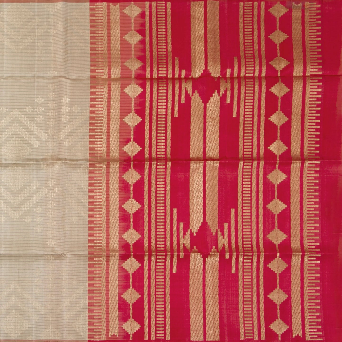 Beige And Red Borderless Handwoven Soft Silk Saree With Gold Zari For Festive Wear PV RSP 184