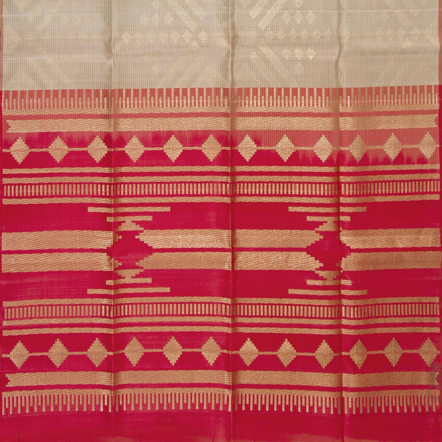 Beige And Red Borderless Handwoven Soft Silk Saree With Gold Zari For Festive Wear PV RSP 184
