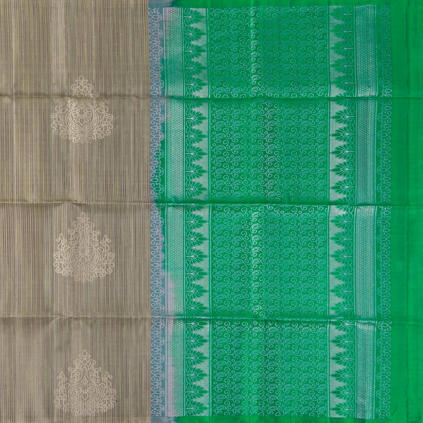 Fawn And Moss Green Handwoven Soft Silk Saree With Silver Zari For Festive Wear PV RSP 205