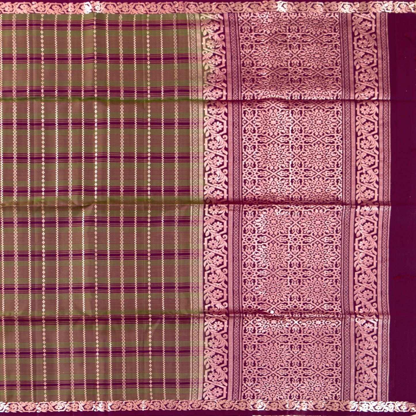 Magenta And Mehandi Green Handwoven Soft Silk Saree With Rose Gold Zari For Festive Wear PV RSP 206
