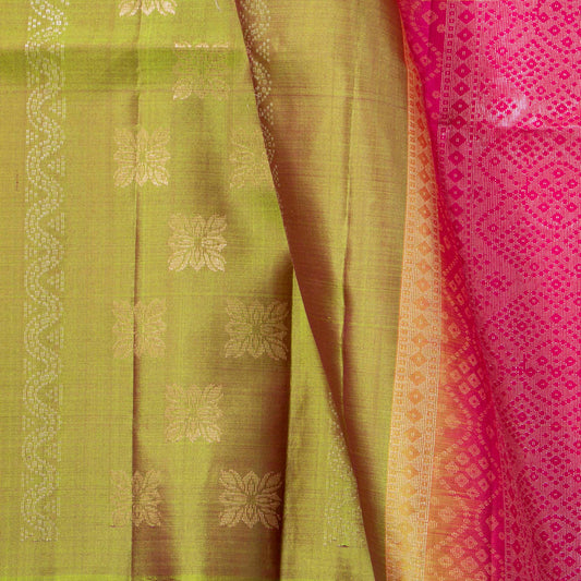 Green And Pink Borderless Kanchipuram Soft Silk Saree For Festive Wear PV RSP 169