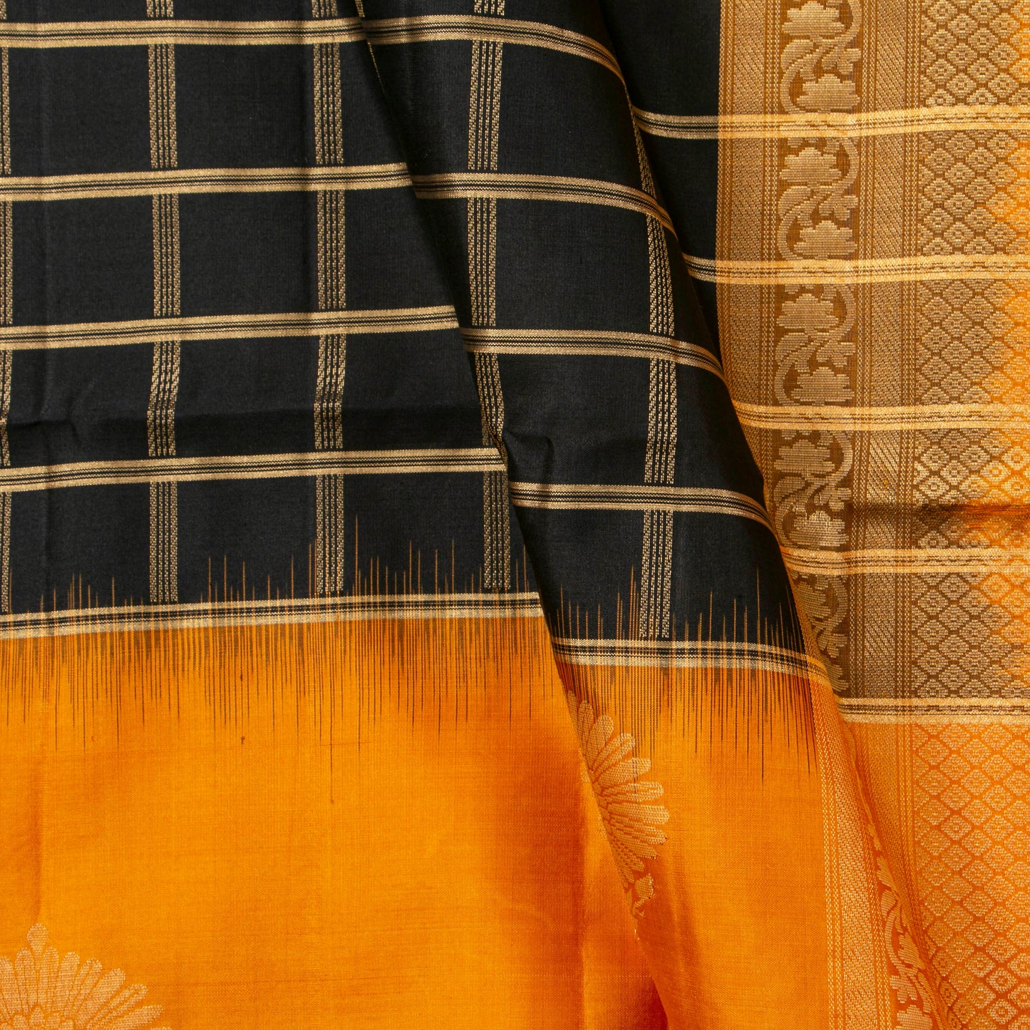 Black And Mustard Kanchipuram Soft Silk Saree For Festive Wear PV RSP 173