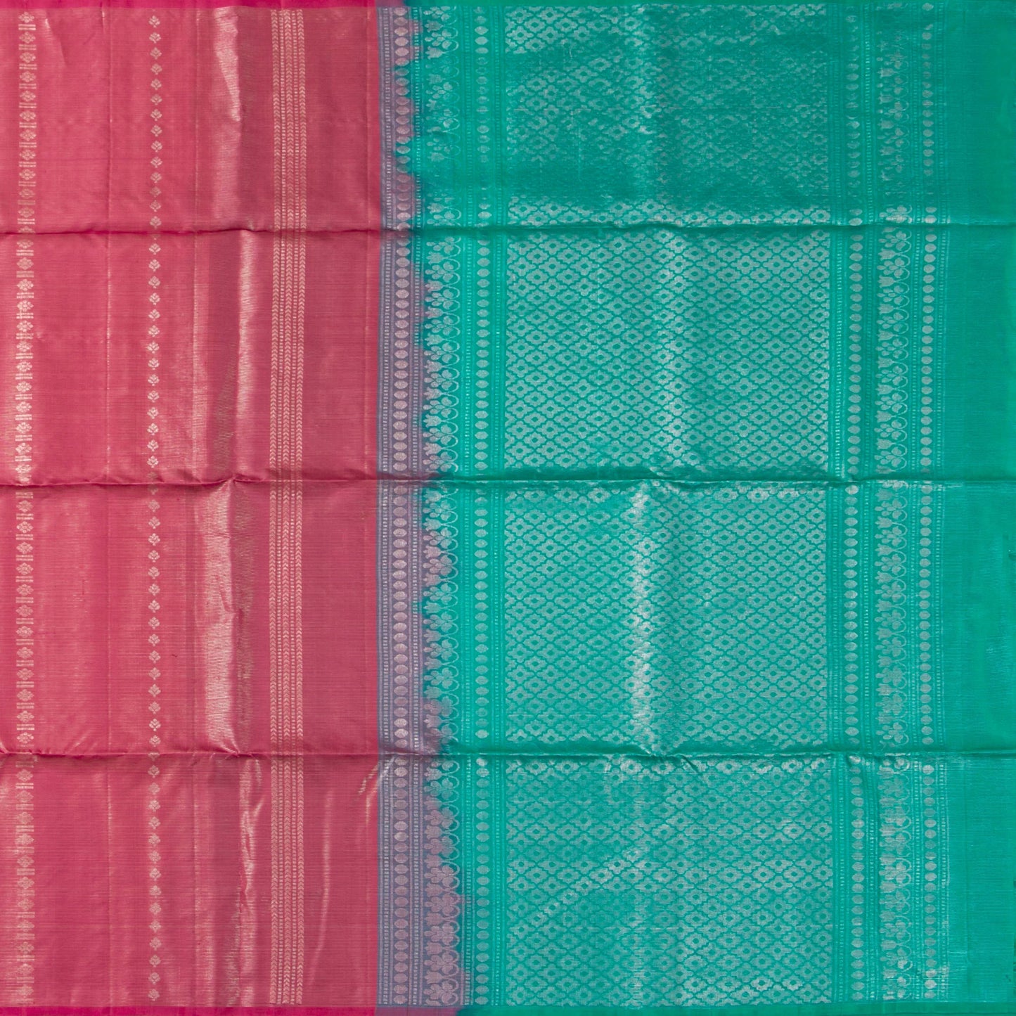 Pink And Sea Green Borderless Kanchipuram Soft Silk Saree For Festive Wear PV RSP 163