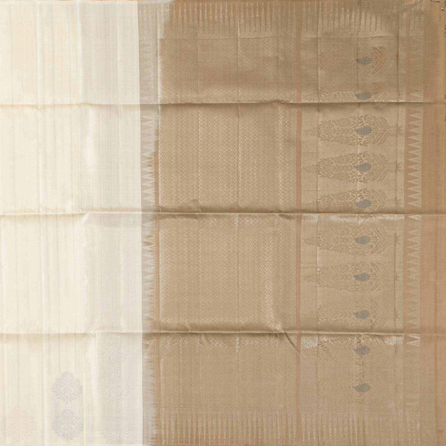 Off White And Beige Borderless Kanchipuram Soft Silk Saree For Festive Wear PV RSP 164