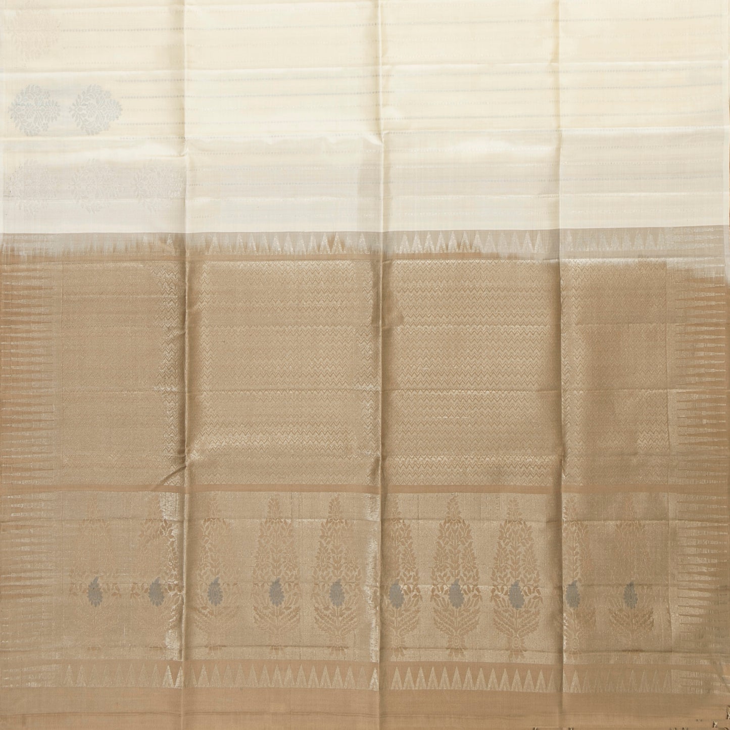 Off White And Beige Borderless Kanchipuram Soft Silk Saree For Festive Wear PV RSP 164