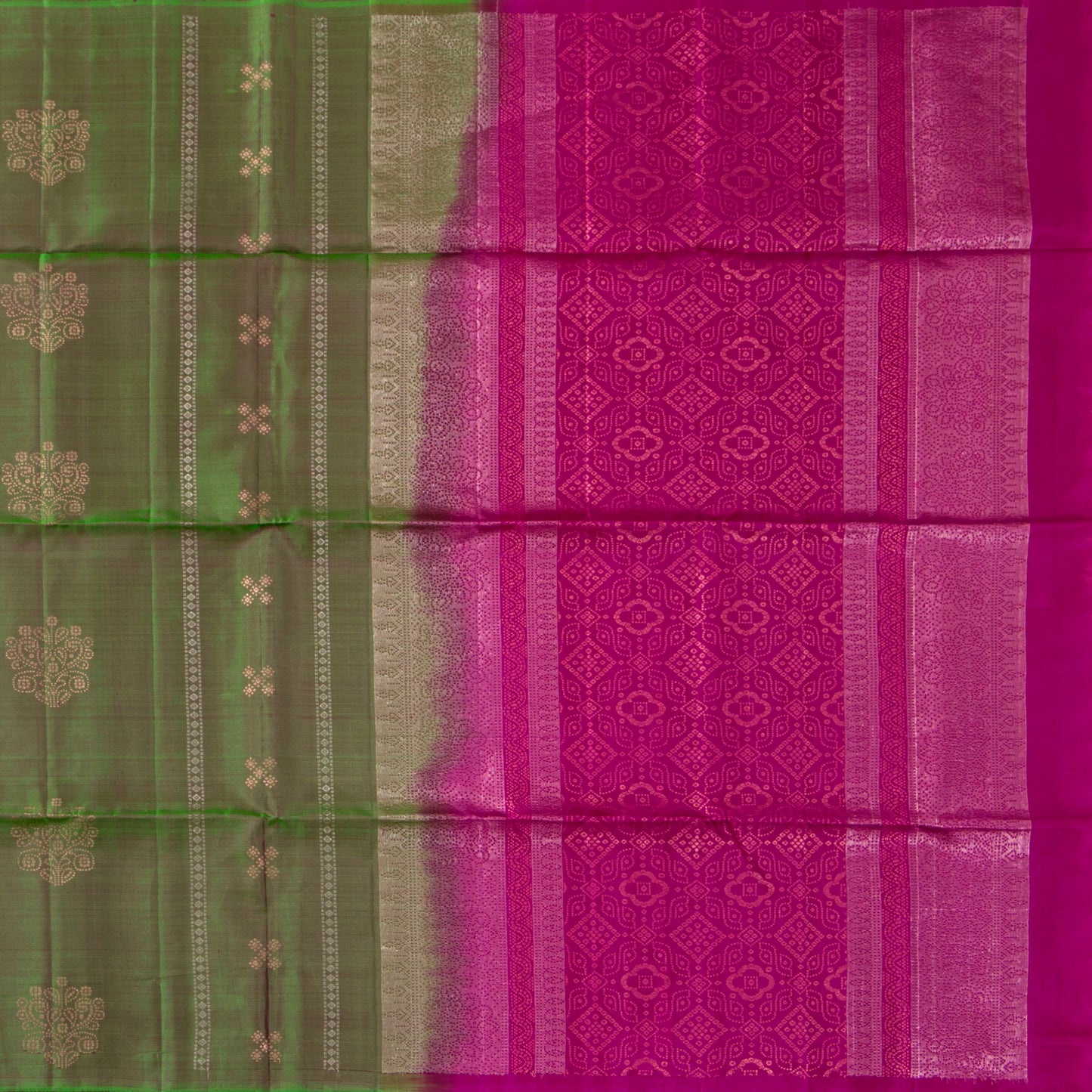 Green And Pink Borderless Kanchipuram Soft Silk Saree For Festive Wear PV RSP 168