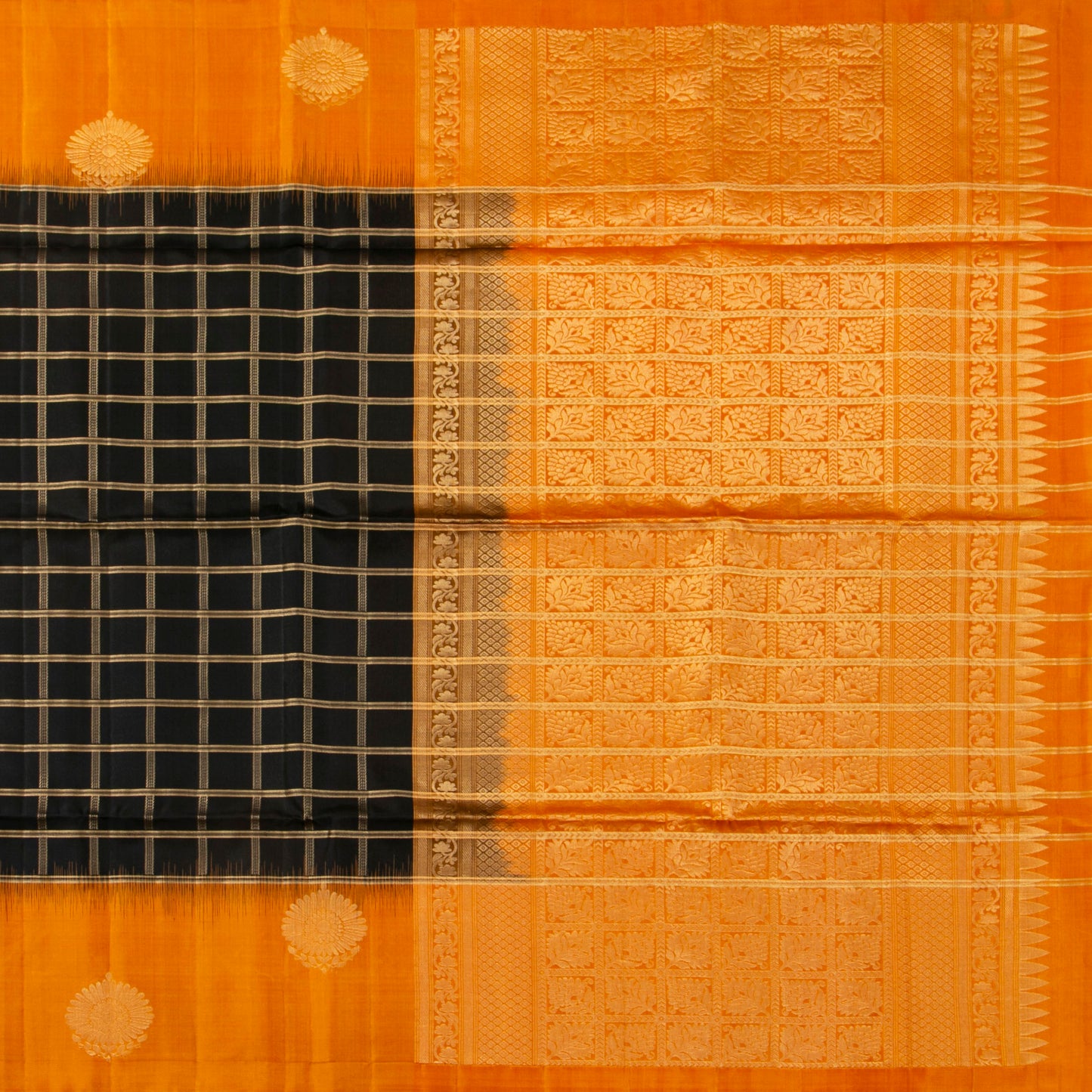 Black And Mustard Kanchipuram Soft Silk Saree For Festive Wear PV RSP 173