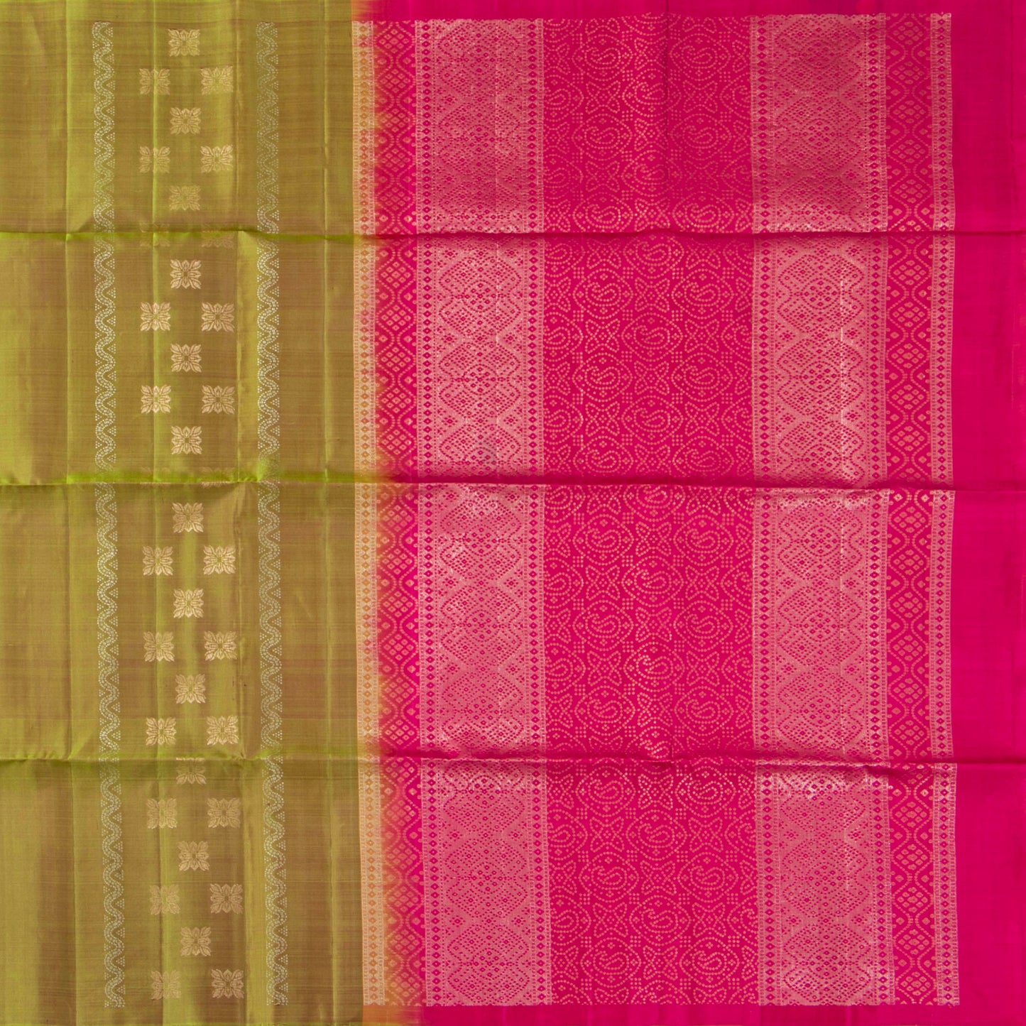 Green And Pink Borderless Kanchipuram Soft Silk Saree For Festive Wear PV RSP 169