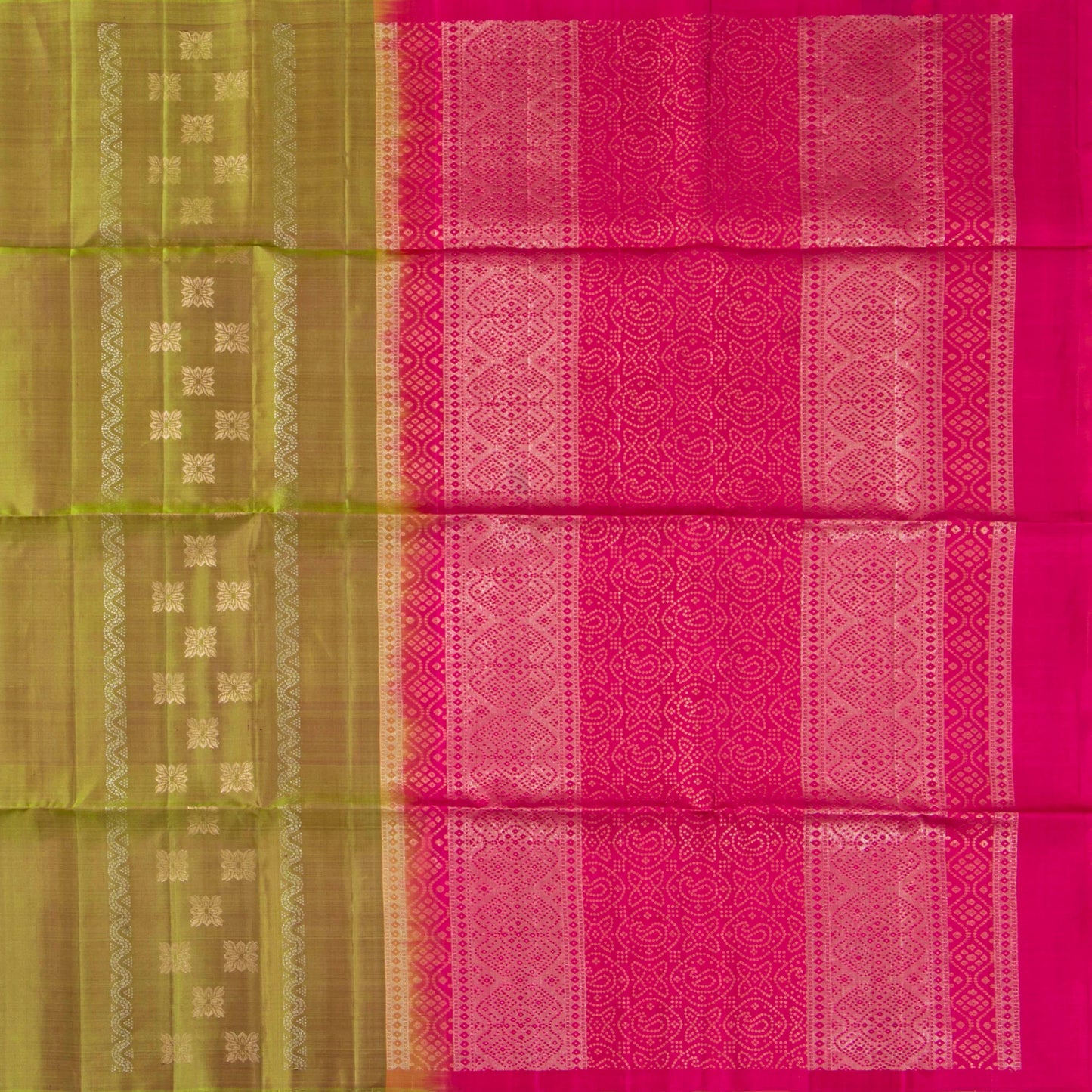 Green And Pink Borderless Kanchipuram Soft Silk Saree For Festive Wear PV RSP 169