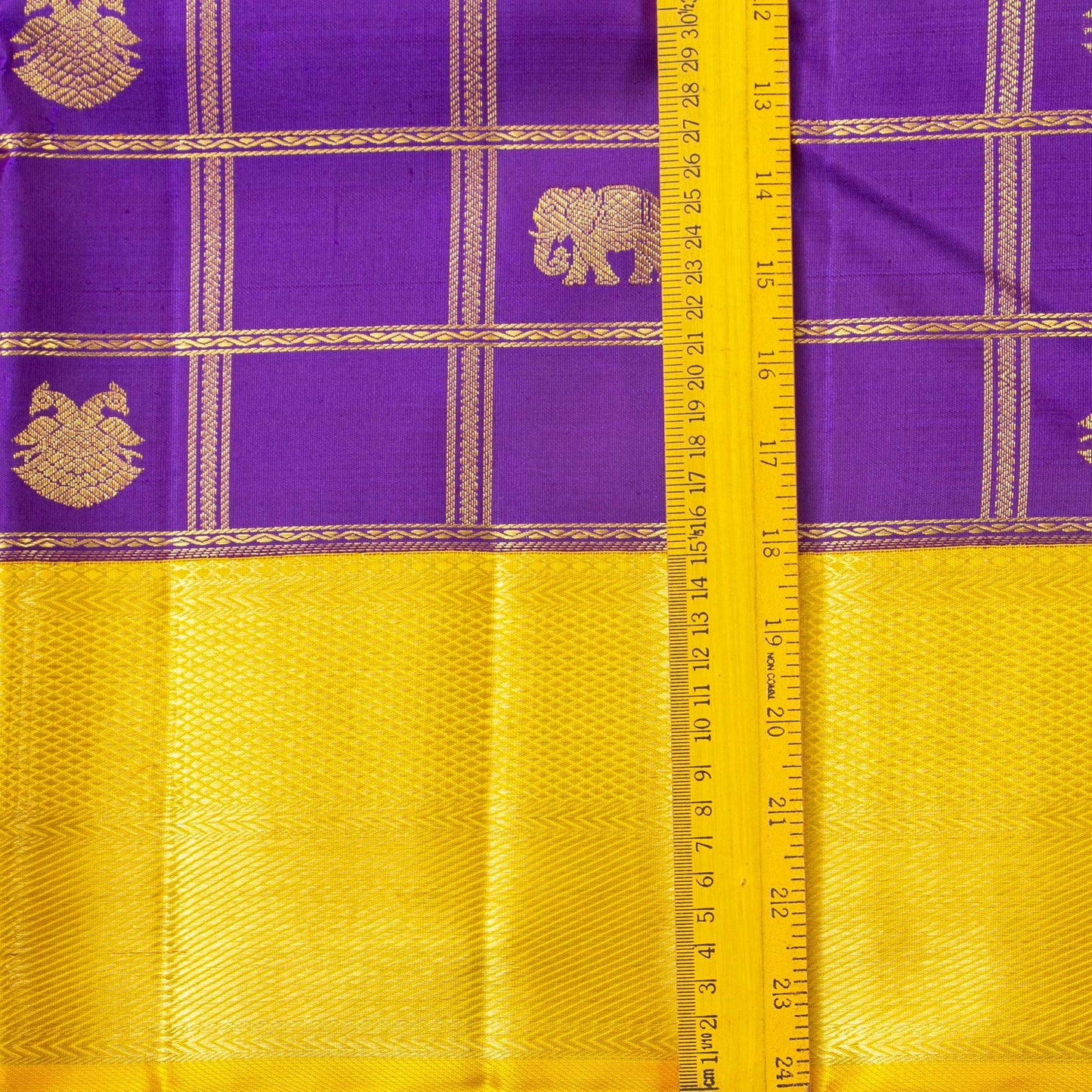 Violet And Yellow Kanchipuram Silk Saree With Zari Checks For Bridal Wear PV NYC 1762 - Silk Sari - Panjavarnam