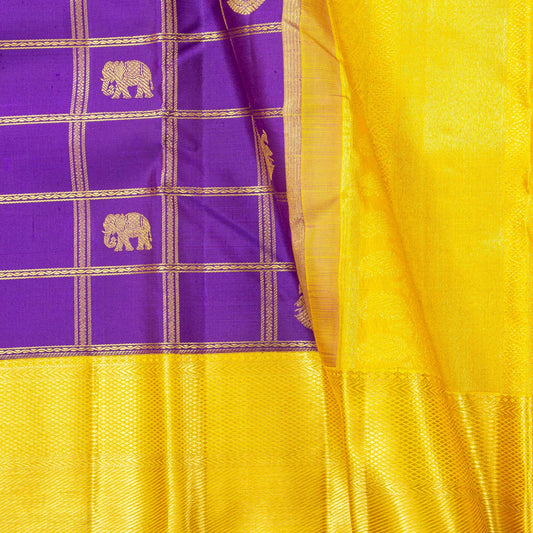 Violet And Yellow Kanchipuram Silk Saree With Zari Checks For Bridal Wear PV NYC 1762 - Silk Sari - Panjavarnam