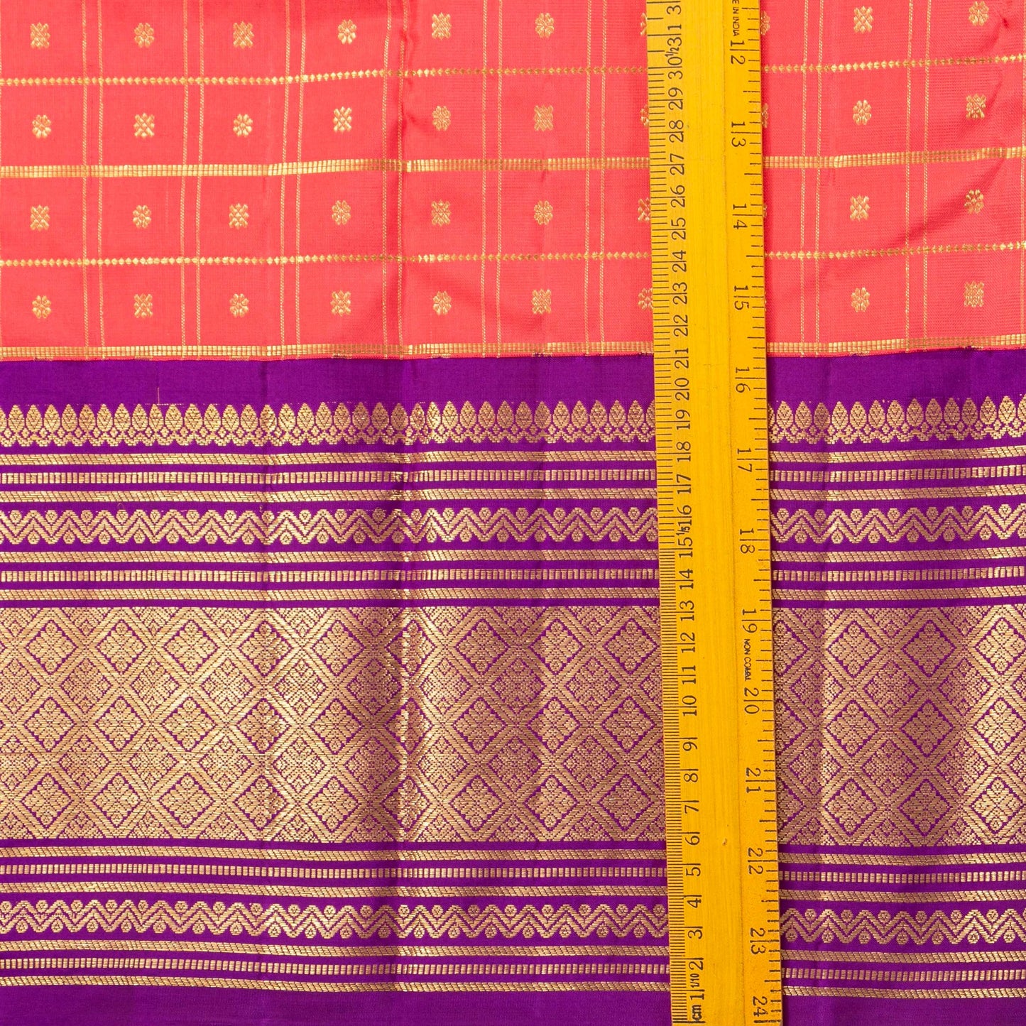 Peach And Purple Kanchipuram Silk Saree With Zari Checks For Bridal Wear PV NYC 1783 - Silk Sari - Panjavarnam PV NYC 1783