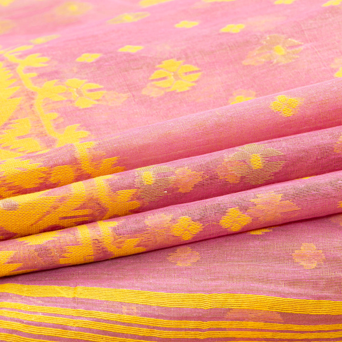 Pink And Yellow Dhakai Jamdani Muslin Silk Saree For Party Wear PV MJ 176