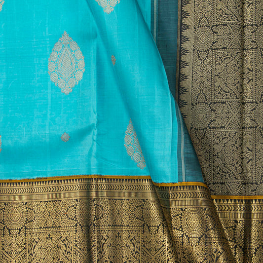 Turquoise Blue And Black Kanchipuram Silk Saree For Wedding Wear PV NYC 1852