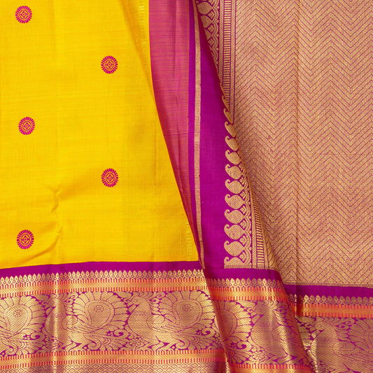 Yellow And Purple Kanchipuram Silk Saree With Long Border For Wedding Wear PV NYC 1799 - Silk Sari - Panjavarnam PV NYC 1799
