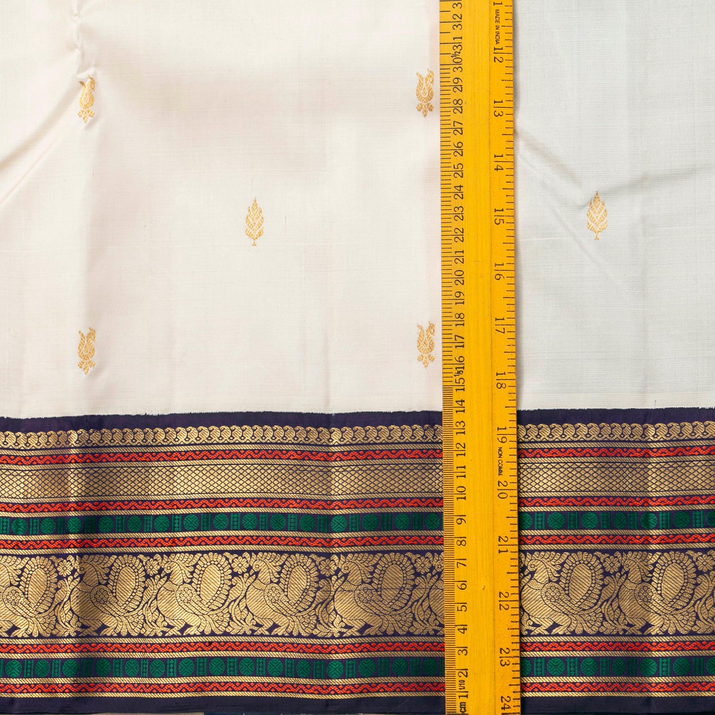 Off White And Aubergine Kanchipuram Silk Saree With Korvai Contrast Borders For Wedding Wear PV NYC 1750 - Silk Sari - Panjavarnam PV NYC 1750