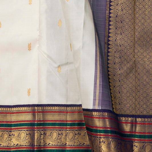 Off White And Aubergine Kanchipuram Silk Saree With Korvai Contrast Borders For Wedding Wear PV NYC 1750 - Silk Sari - Panjavarnam PV NYC 1750
