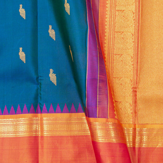 Blue And Orange Kanchipuram Silk Saree For Festive Wear PV NYC 1918 - Silk Sari - Panjavarnam PV NYC 1918