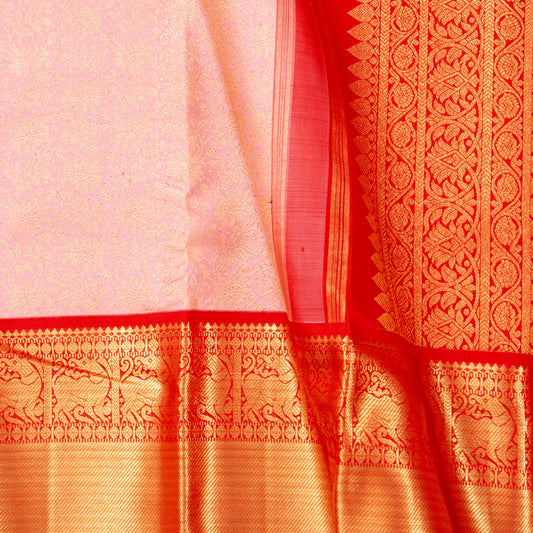Pastel Pink And Red Kanchipuram Silk Saree With Gold Brocade For Bridal Wear PV NYC 1897