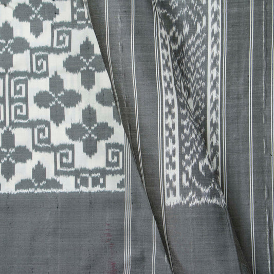 White And Grey Double Ikkat Pochampally Silk Saree Without Zari For Office Wear PIK 382