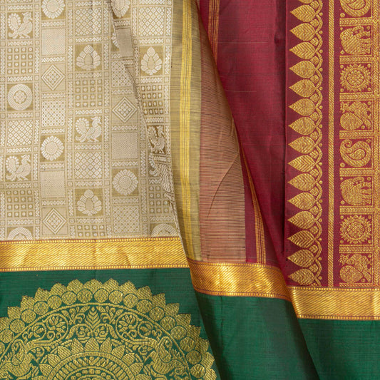 Beige, Red And Green Kanchipuram Silk Saree For Festive Wear PV J 4967